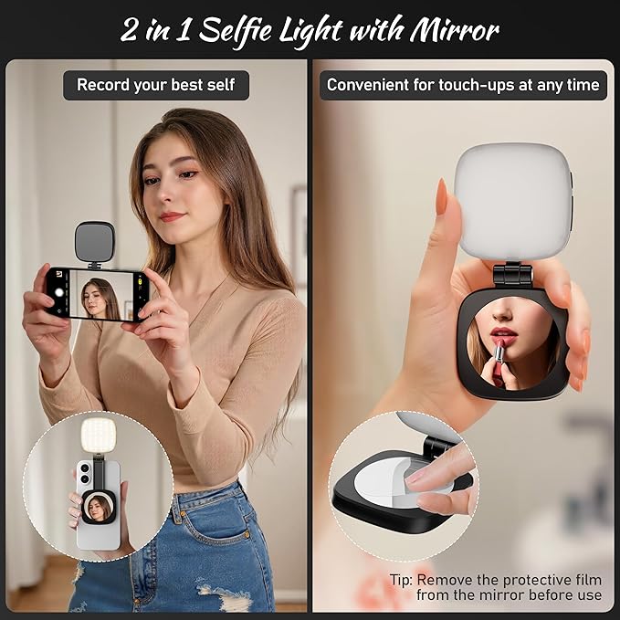Magnetic Selfie Light for Phone: 5 Led Mode with Mirror Compatible for iPhone & Android - Rechargeable Portable Fill Light for Photography/Video Recording/Conference/Vlog/Makeup (Black)