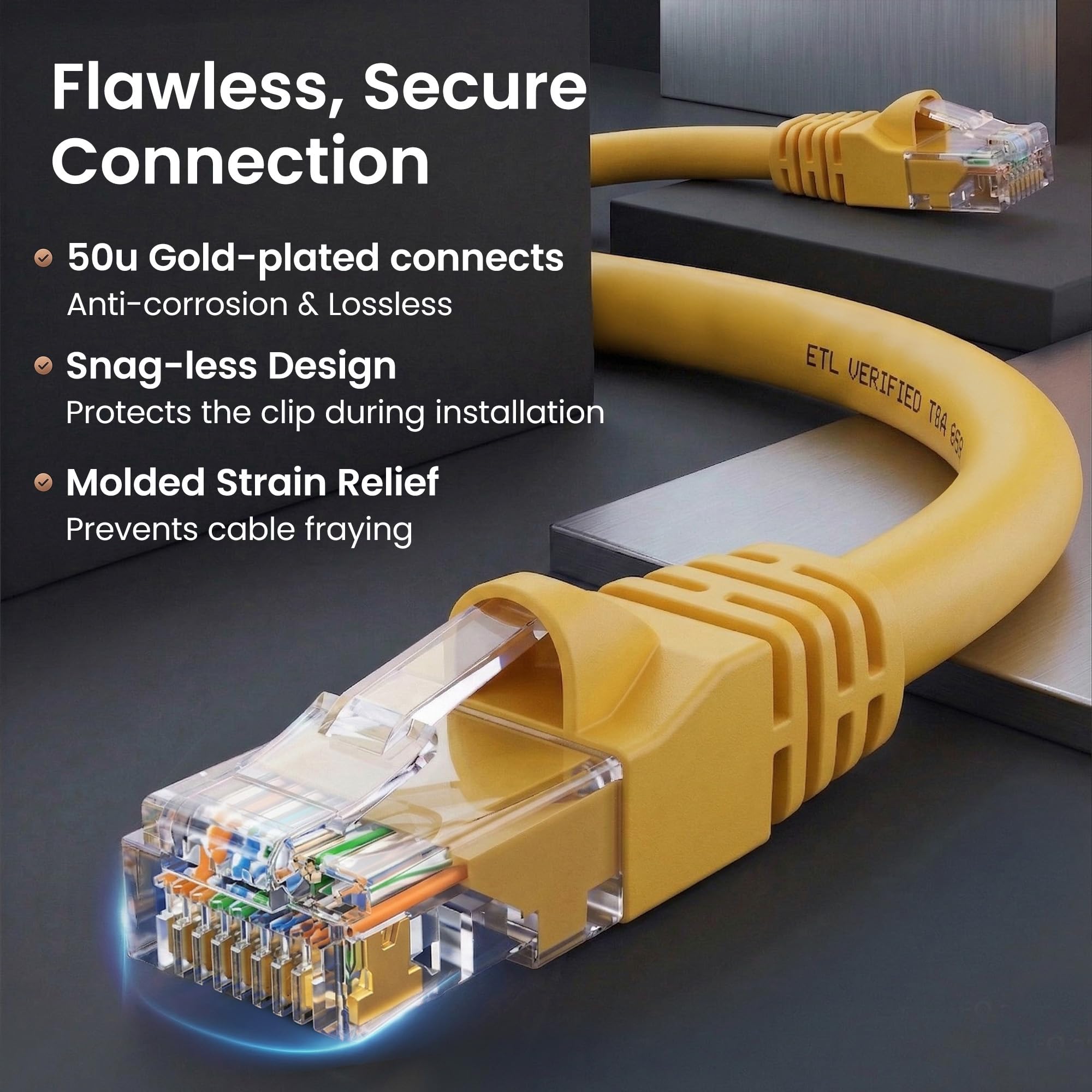 GEARit Ethernet Cable 50 ft Cat 6 High Speed Gaming Yellow (1 Pack) Cat6 Cables 50ft Yellow/Ethernet Cable, 10Gbps 550MHz 24AWG Pure Copper, Snagless, Gold Plated RJ45 for Router, Server, Router, PC