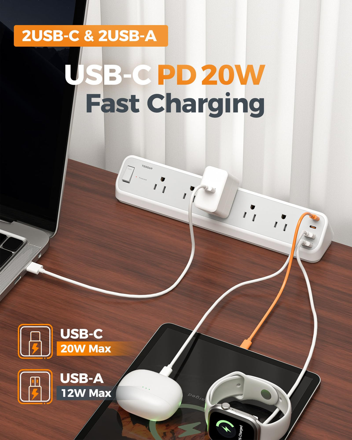 TESSAN Desk Clamp Power Strip 10 Ft with 2100J Surge Protector, Gray