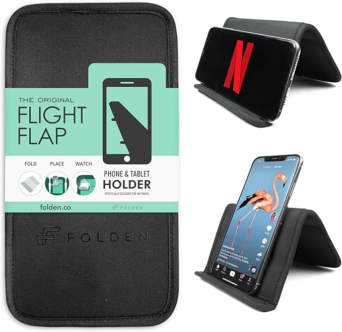 Folden Airplane Phone Holder, Flexible Tablet and Cell Phone Holder, Folding Cellphone Stand for Desk, Bed, Office, Treadmill - Airplane Accessories Long Flight Travel - Plane Essentials (Cordura)