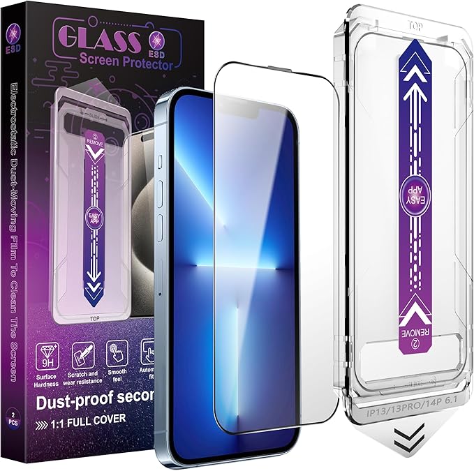 2 Pack Screen Protector for iPhone 16e/iPhone 14/iPhone 13 Pro/iPhone 13, 9H Tempered Glass, Full Cover, Anti-Fingerprint, Auto Dust-Elimination, No Bubble, Easy Installation