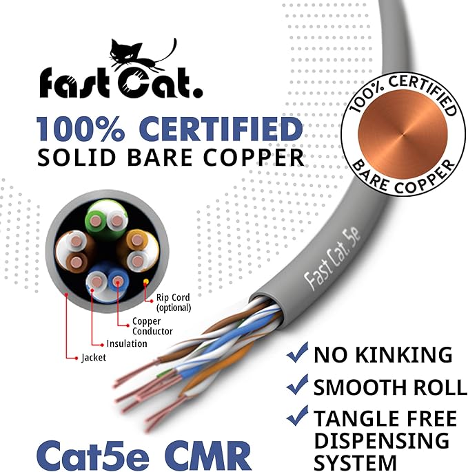 fast Cat. Cat5e Ethernet Cable 1000ft - 24 AWG, CMR, Insulated Bare Copper Wire Cat 5 ethernet Cable with FastReel - 350MHZ / Gigabit Speed UTP Cable Cat5e - CMR (Red)