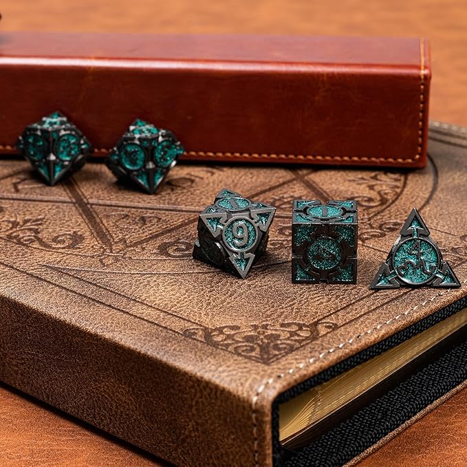 Green Black Nickel Finish Heavy Metal DND Dice Set (Ranger) with A Metal Box, Sharp Edge Zinc Alloy D&D Accessories, D4-D20, Designed for Dungeons & Dragons Master, RPG Player, Starter