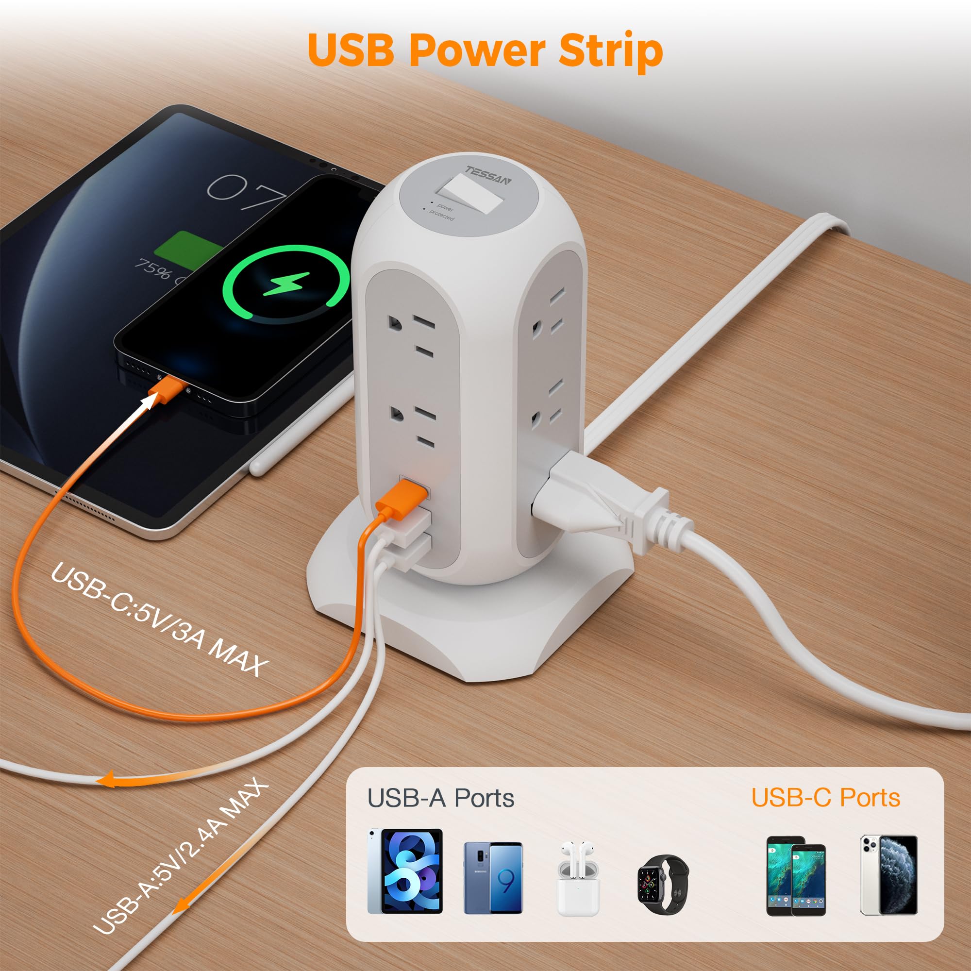 TESSAN Tower Power Strip Flat Plug with 1050J Surge Protection, 6 Ft, Grey