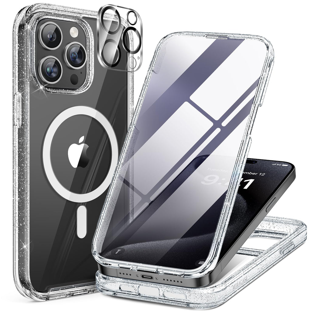 Miracase Magnetic for iPhone 15 Pro Case [Compatible with MagSafe] Full-Body Phone case with Built-in Glass Screen Protector& Camera Protector, Military Drop Proof 15 Pro Cover, Magnetic Clear Glitter