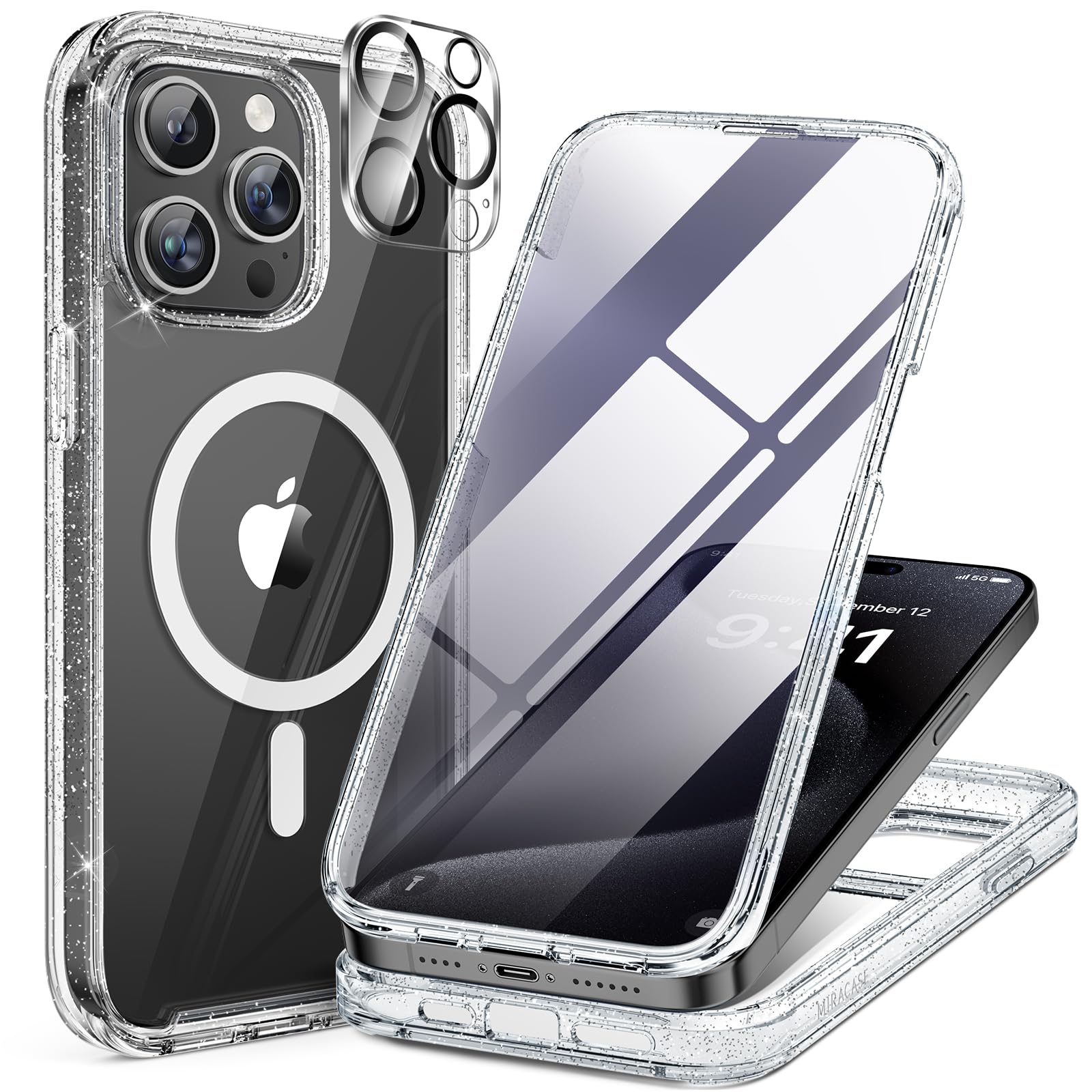 Miracase Magnetic for iPhone 15 Pro Case [Compatible with MagSafe] Full-Body Phone case with Built-in Glass Screen Protector& Camera Protector, Military Drop Proof 15 Pro Cover, Magnetic Clear Glitter