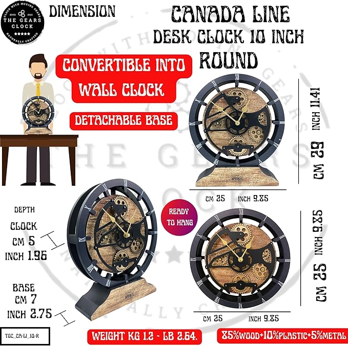 Desk Clock 10 inches with Real Moving Gears Convertible into Wall Clock (Brown and Grey)