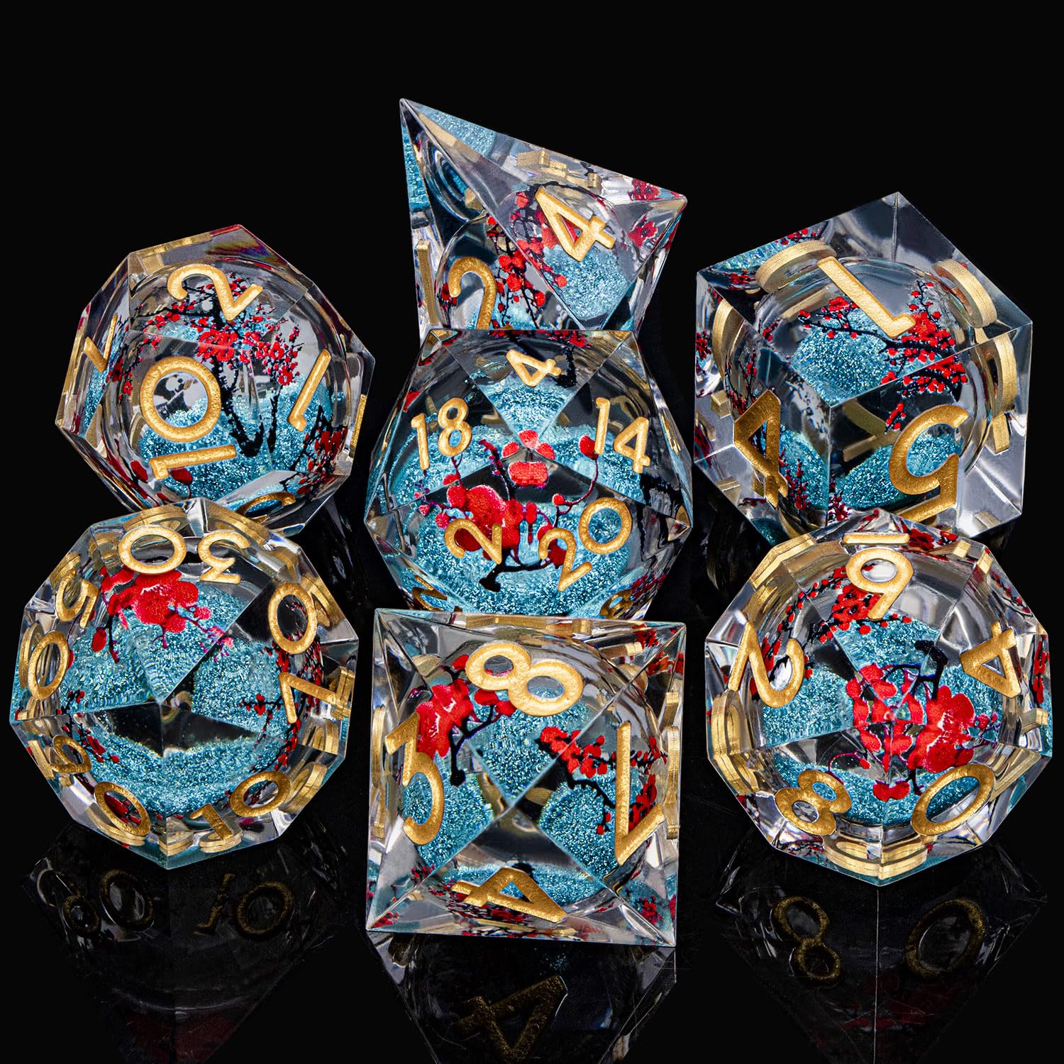 ORIFANTOU Plum Blossom DND Dice Blue Liquid Core Dice Set with Metal Box, Handmade Sharp Edge Dice D and D Polyhedral Dice for use with D&D RPG Role Playing Game