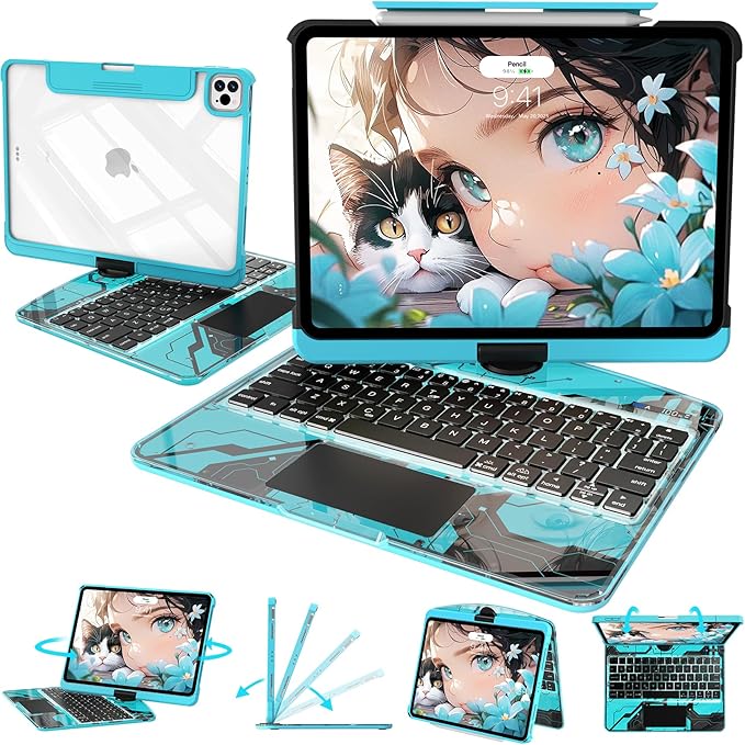 Intermerge Clear A16 11th (2025) & 10th Generation 10.9" Case with Keyboard, 360° Transparent Multi-Touch Trackpad, 7-Color RGB Keyboard, Pencil Holder, Type-C, Power Indicator, Aqua Pulse
