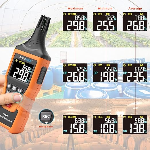 Protmex PT618 Temperature Humidity Meter, Thermometer Hygrometer Monitor with Ambient, Dew Point, Wet Bulb for Indoor/Outdoor MIN, MAX, Data Hold, LCD Backlight