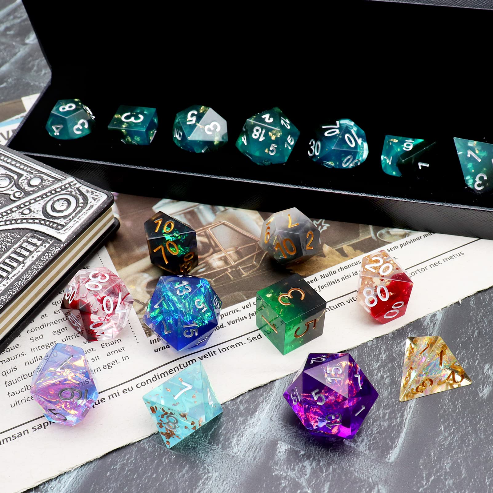 Haxtec Mystery DND Dice Set Sharp Edge Resin Dice with Dice Case Handmade Polyhedral D&D Dice Set for TTRPG Dungeons and Dragons DND Gifts