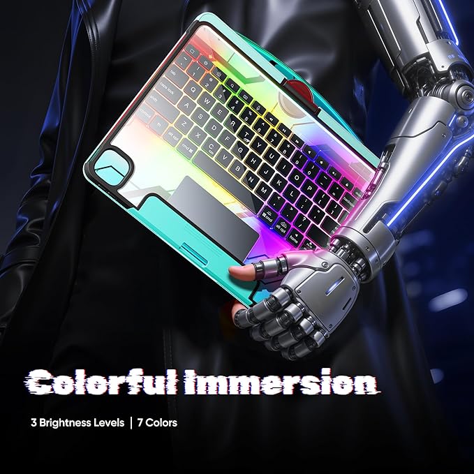 KITONE for iPad Air 11 Inch (M3/M2,2025/2024) Transperant Case with Wireless Keyboard, 7 Color Backlight, Trackpad, 360°Rotating Stand for 10.9" iPad Air 5th/4th, 11" iPad Pro 4/3/2/1 Case, Cyberpunk