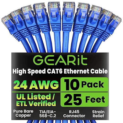 GearIT Cat 6 Ethernet Cable Pack - 10-Pack 25 ft Cat6 Ethernet Patch Cables | RJ45 Network Patch Cable, 10 Gbps Snagless Gold-Plated Connectors - Ethernet Cable Cat 6 for PC, TV, Router - Blue