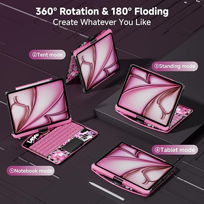 iPad Keyboard Case for 2024 M4 iPad Pro 13 inch, Magic Wireless Keyboard with Trackpad 7 Color Backlit, 360° Rotating Stand Transparent Protective Cover with Pencil Holder (Pink)