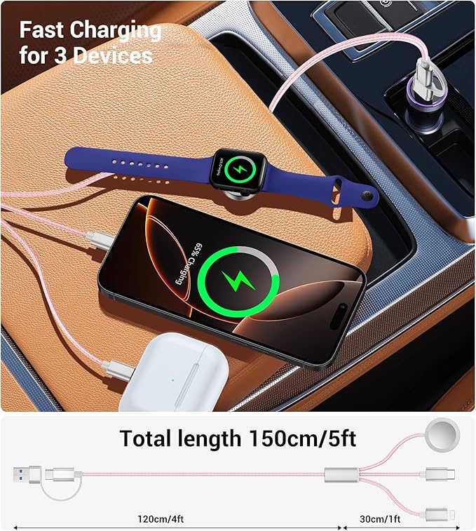 Temdan for Travel Vacation Essentials,3 in 2 USB C Cable for Apple Watch Charger/iPhone 16 Charger/Lightning,Multi Charging Cable Cord,Camping Essentials,Designed for iWatch &iPhone 16-12-5FT Pink