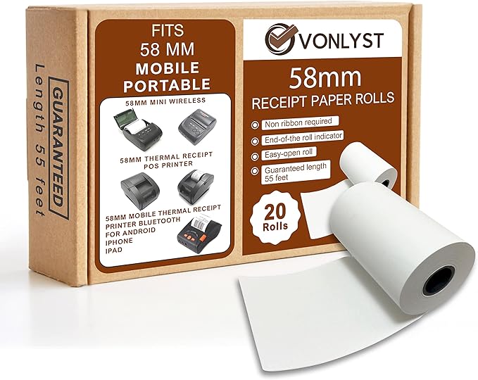 Receipt Paper Roll for 58mm Mobile Portable Thermal Printer (Pack 20 rolls)