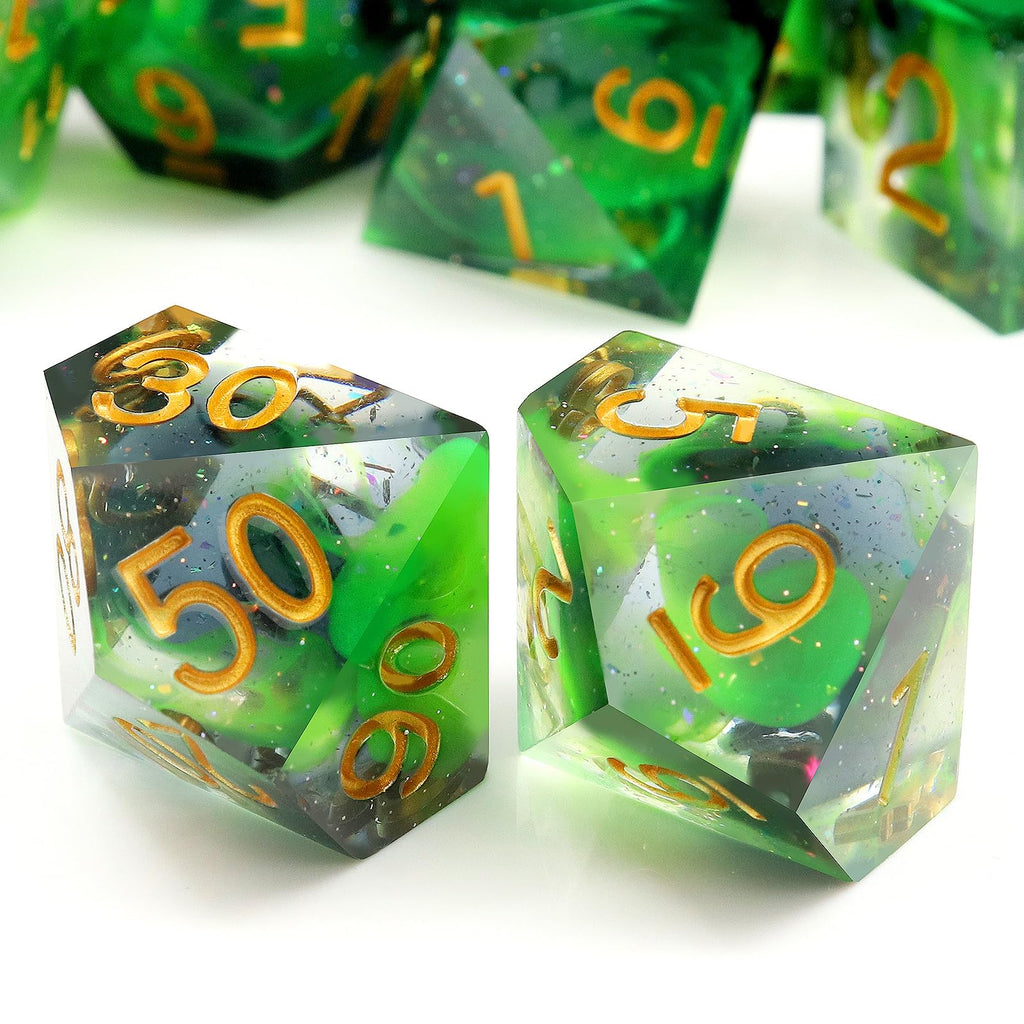 Haxtec Glitter DND Dice Set Sharp Edge Dice with Dice Case Handmade Green Resin D&D Dice Set for TTRPGs Compatible with Dungeons and Dragons Gifts