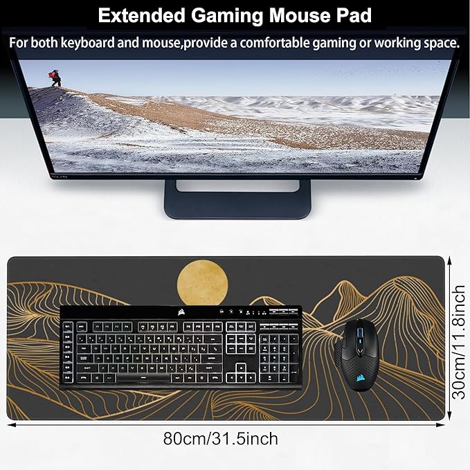 Abstract Golden Mountain Desk Mat,Large Gold Line Art Gaming Keyboard Mouse Pad,Non-Slip Rubber Base Desk Pad Thick Stitched Edges Waterproof Mousepad Mouse Mat 31.5"x11.8"