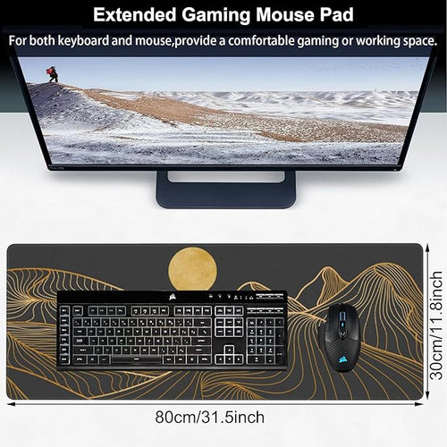 Abstract Golden Mountain Desk Mat,Large Gold Line Art Gaming Keyboard Mouse Pad,Non-Slip Rubber Base Desk Pad Thick Stitched Edges Waterproof Mousepad Mouse Mat 31.5"x11.8"