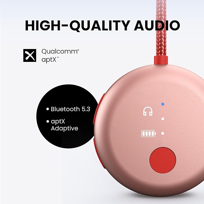 Avantree SoundJet R1 – Airplane Bluetooth Adapter for Headphones & AirPods, aptX Adaptive, Qualcomm Chipset, 20H Battery, Wireless Audio Transmitter for in-Flight Travel Essentials - Pink