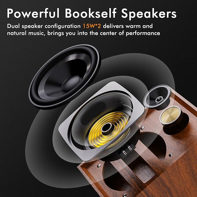 Vinyl Record Player with External Speakers, 3 Speed Vintage Stereo Turntable for Vinyl Records, Bluetooth Input, Auto Stop & Belt Driven System, RCA Out and Aux in - Brown Wood