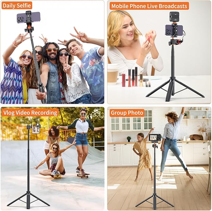 VRIG TP16 Camera Tripod, 55 inch Extendable Phone Selfie Stick Camera Tripod Stand with 2 in 1 Phone Clip, 5 Levels Adjustment 360° Ball Head Loads Up for Pocket 3 Insta360 X5 iPhone Sony Canon