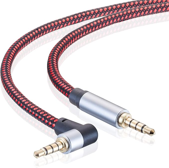 Male to Male Audio Cable 15Ft, 90 Degree TRRS 3.5mm 4 Pole Nylon Braided Stereo Aux Cable for Headphones, PS4, Phone, Tablet, Headset, PC, Laptop and More (15Ft)
