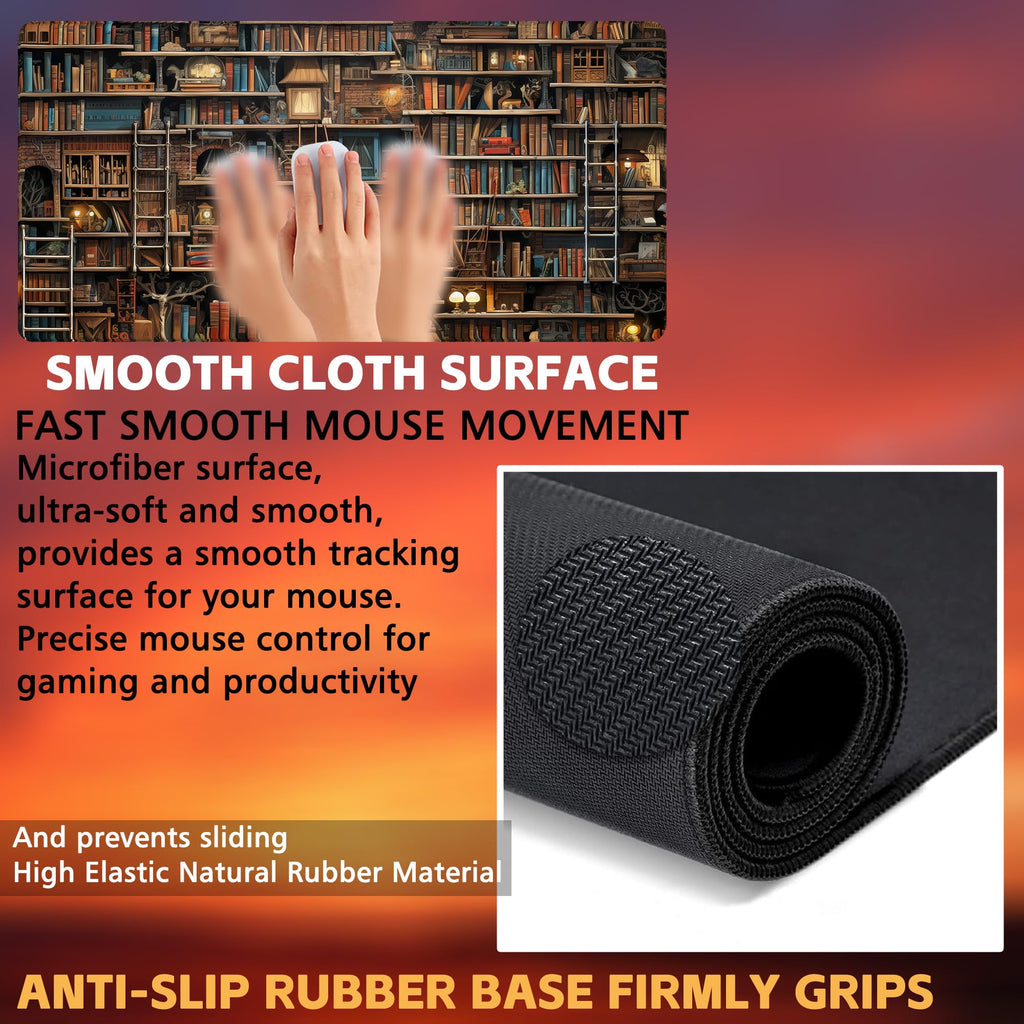 KOAIWPAE Desk Pad, Fantasy Shelves Desk Mat, Shelves Full of Books Large Gaming Mouse Pad for Desk, 31.5"x15.7" Extended Big Computer Keyboard Mouse Pad with Non-Slip Base and Stitched Edge