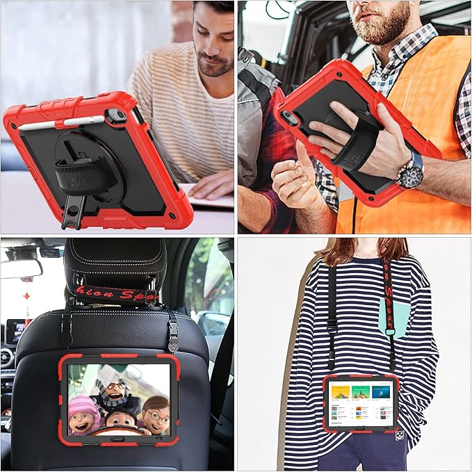 SEYMAC stock Case for iPad (A16) 11th/10th Generation 11''/10.9'' 2025/2022, Full-Body Drop Protection Case with Screen Protector &360° Rotate Hand Strap/Stand, Black+Red