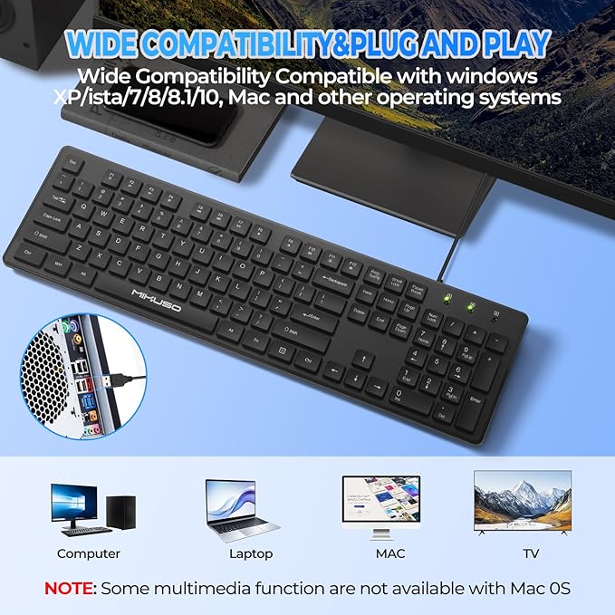 Wired Computers Keyboard with Cover Comfortable Hand Feel,Laser Engraved Characters,12 Multimedia Keys USB Interface Suitable for Laptop PC,Full Size 104 Keyboards, Plug and Play, Office