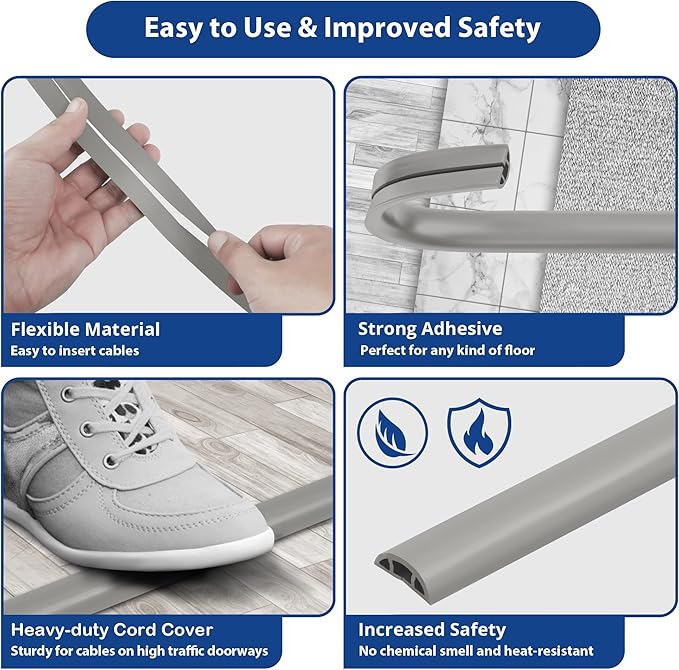 ZhiYo Floor Cord Cover 4ft, Cord Hider Floor Gray, Cable Management Cover Prevent Cable Trips, Wire Covers for Electric Power Cords, Wire Protector Cavity W0.47 x H0.28