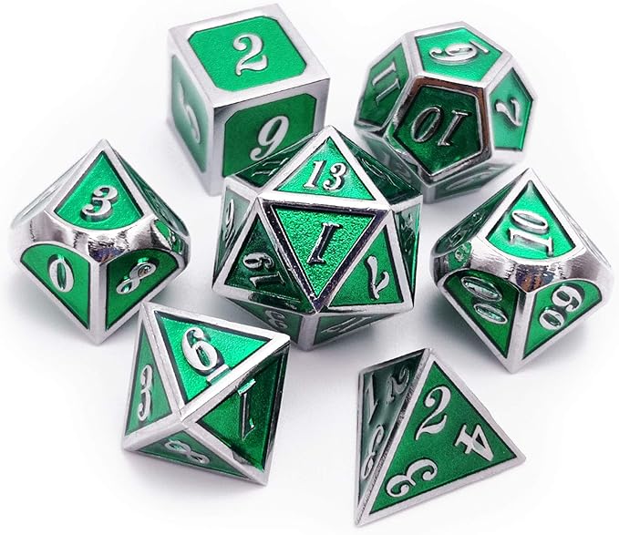 Haxtec 7 Die Metal DND Dice Set Green Elven Goblin D&D Dice Set Compatible with Dungeons and Dragons RPG Gaming-Silver Emerald Green Elvish Dice