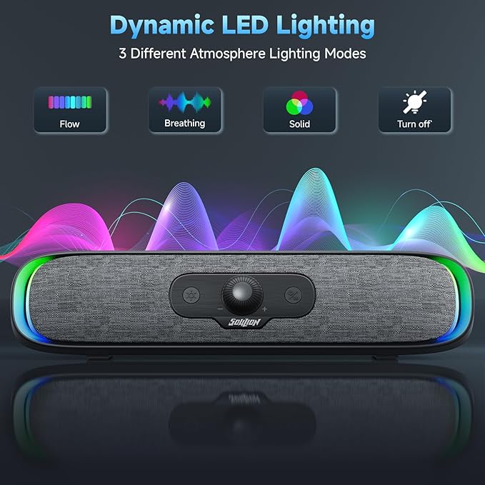 SOULION R200 Bluetooth Computer Speakers, Compact PC Speakers, USB C/USB Plug & Play Desktop Speaker with Colorful LED Lights, Clear Sound PC Soundbar for Computer Desktop Laptop Monitor
