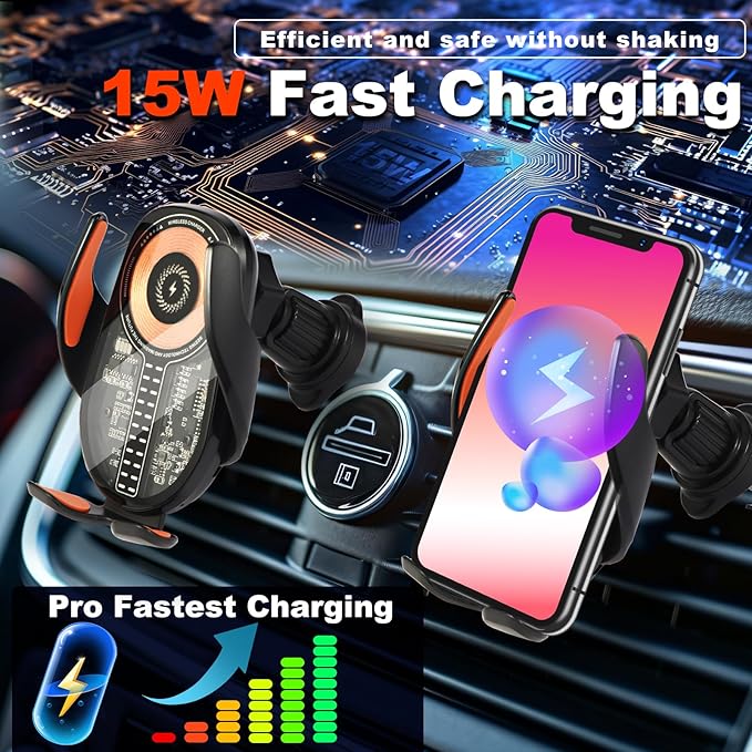 Car Phone Holder Wireless Car Charger, 15W Fast Charging Auto Sensing Clamping Phone Holders for Your Car Vent 360 Adjustable Car Mount for iPhone 16 15 14 13 12 Pro Max, Samsung Glaxy Series