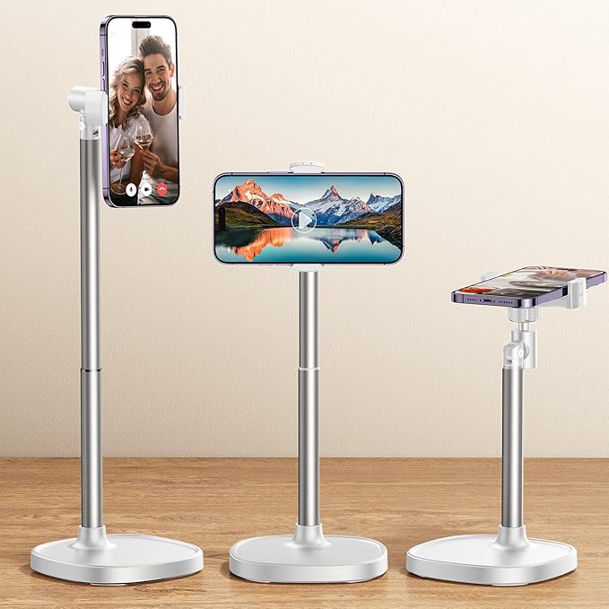 DIMONCOAT Adjustable Aluminum Alloy Cell Phone Stand - White, Universal Compatibility with 4-7 inch Devices, 180° Flip & 360° Rotation