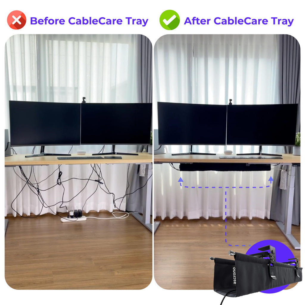 Ascrono Original No Drill Under Desk Cable Management Tray 40.6" - Premium Black Fabric Cable Management Under Desk - Clamp/Screw Mount Cord Organizer - Supports Upto 66lbs - Large