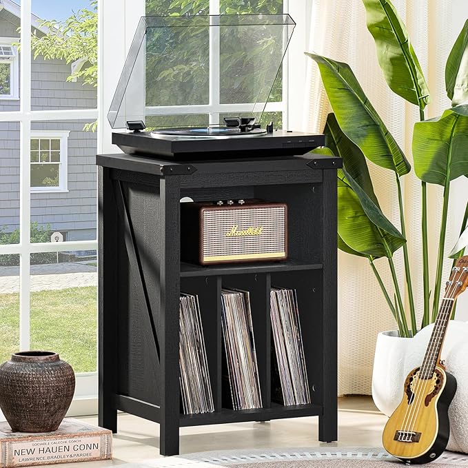 Record Player Stand with Vinyl Record Storage,Black Record Player Table Holds up to 160 Albums,Large Wood Turntable Stand Cabinet Dispaly Shelf for Living Room,Bedroom,Office