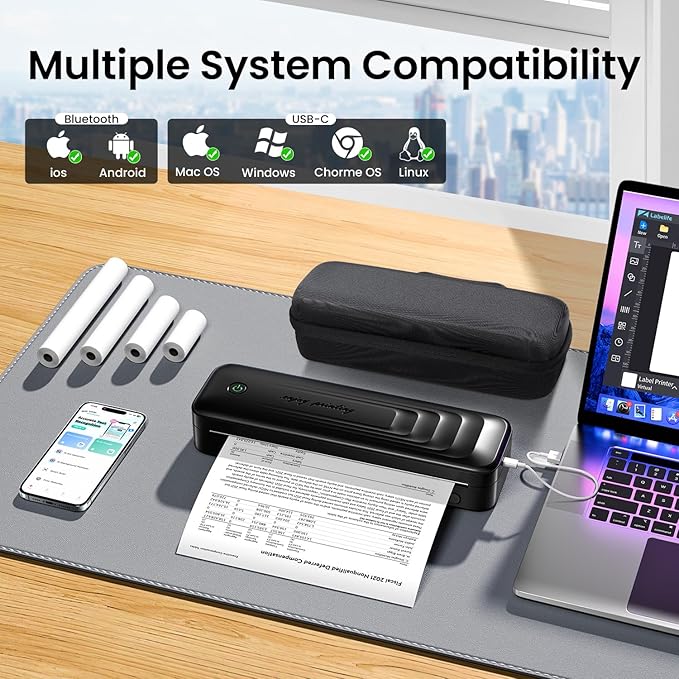 2025 Portable Printers Wireless for Travel, Inkless Thermal Printer Support 8.5" x 11"& A4, Mobile Printers with Carry Case, Bluetooth Portable Printer for Office,Travel,School,Car,Home,Black