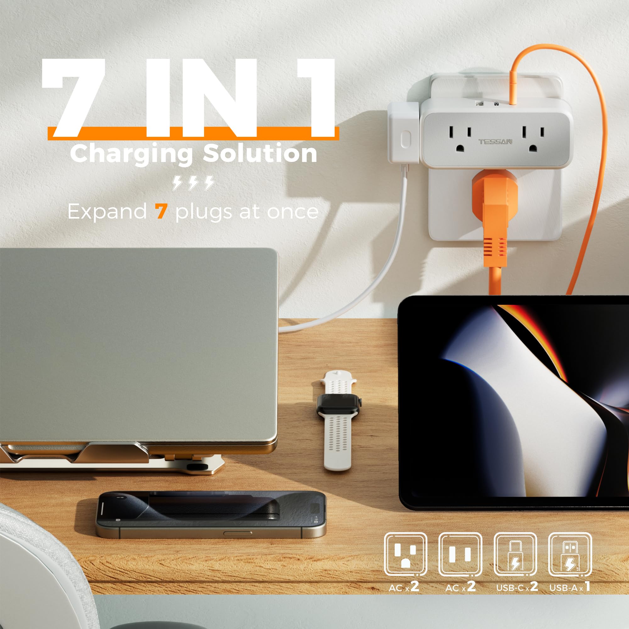 TESSAN Surge Protector Outlet Extender, Multi Plug Mini Wall Expander, Grey