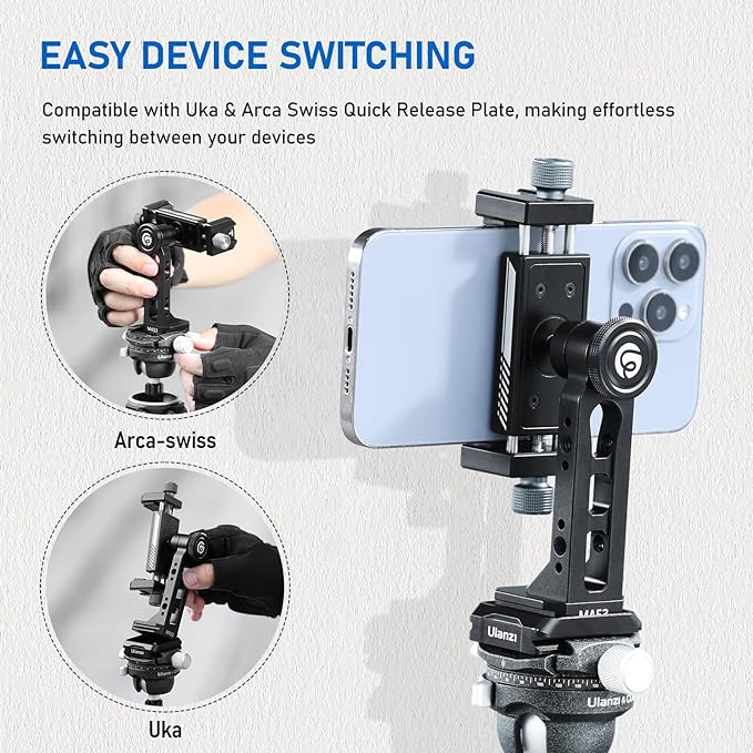 Ulanzi MA53 Metal Tripod Phone Mount, Smartphone Tripods Adapter with Arca Swiss/Uka Port, 2 Cold Shoe, 360° Cellphone Tripod Mount, iPhone Samsung Holder for Photo Video Vlogging Rig