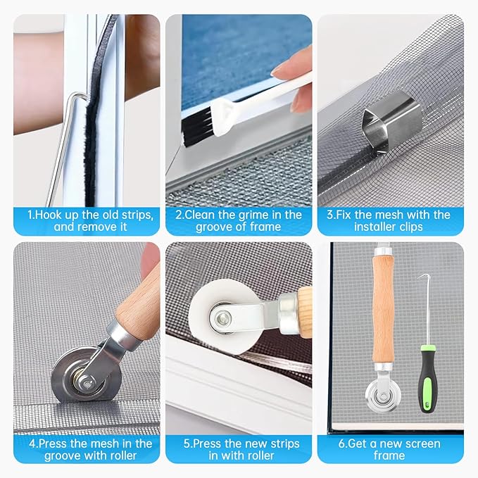 Window Screen Repair Kit, Steel/Nylon Roller Tool with Bearing+8pcs Screen Clips+32ft Screen Spline+Spline Removal Hook, 5 in 1 Screen Roller Tool Kit for Installing Door Mesh Screens