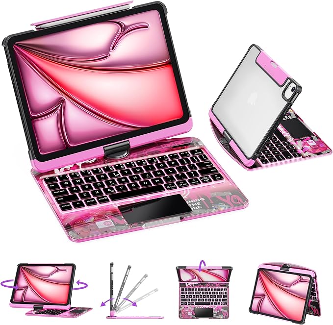 GUSGU Transparent Case with Wireless Keyboard only for 2024 iPad Pro 13-in.(M4), 7 Colors Backlight, Trackpad, 360°Rotating Stand for iPad Pro 13, Tech Style