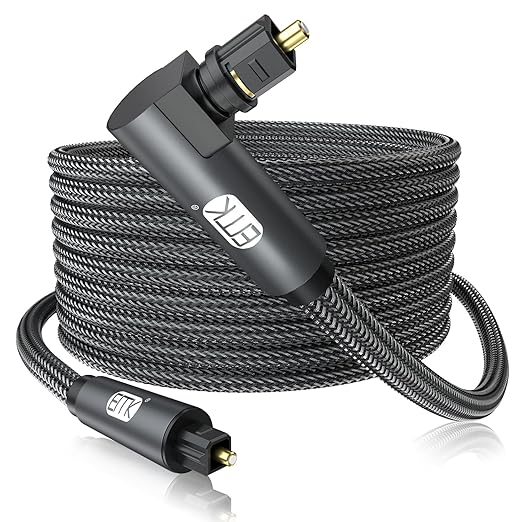 EMK 90 Degree Toslink Optical Cable 360 Degree Free-Rotating Plug Fiber Optic Cable S/PDIF Toslink Male to Male for Home Theater, Sound Bar, TV, PS4, Xbox,Grey (50ft/15m)