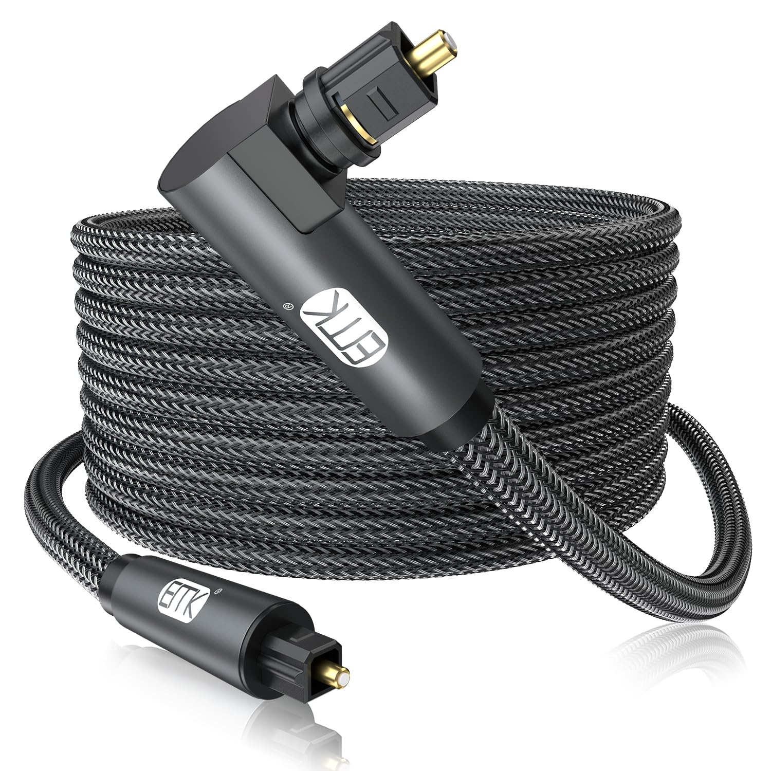EMK 90 Degree Toslink Optical Cable 360 Degree Free-Rotating Plug Fiber Optic Cable S/PDIF Toslink Male to Male for Home Theater, Sound Bar, TV, PS4, Xbox,Grey (50ft/15m)