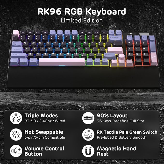 RK ROYAL KLUDGE RK96 RGB Wireless Mechanical Gaming Keyboard w/Wrist Rest