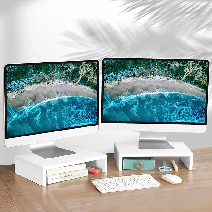 TEAMIX White Monitor Stand Riser - 2 Pack, Wood 2 Tier Adjustable Dual Monitor Riser for Laptop/PC Computer Stand for Desk