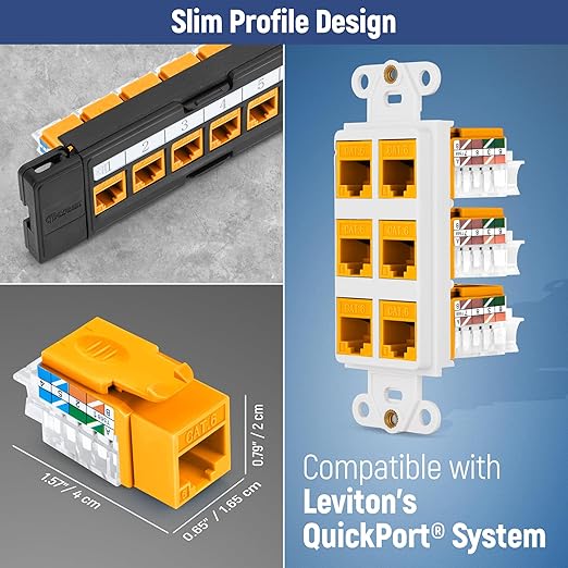 Everest 45° Angled RJ45 Cat6 Keystone Jacks 50-Pack in Yellow - Slim Profile Female RJ45 Connectors - Cat 6 Keystone Jack - Compatible with 45° Angled Speed Termination Tool - 45Term (B0BL3GS7ZY)
