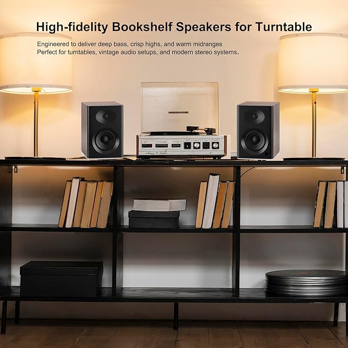 Bookshelf Speakers with Deep Bass, 80W Peak Output HiFi Gaming Computer Speakers, 4" Desktop Audio System for Home Entertainment, Turntable, Pair, Walnut