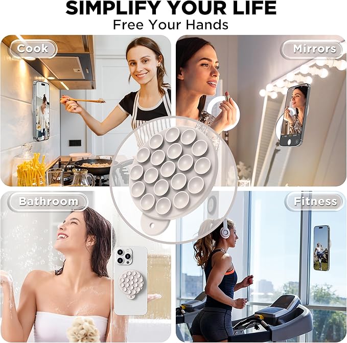 Magnetic Suction Cup Phone Mount for MagSafe Case, Silicone Hands-Free Grip Holder for iPhone and Android, Mirror Shower Phone Stand for Makeup FaceTime Gym Kitchen Bathroom, Stone