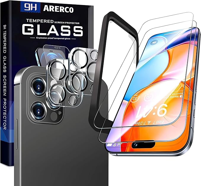 2 pack Full 9H+ 12 FT Military Grade Glass Screen Protector for iPhone 16 Pro + 2 pack Camera Lens Protector with easy Installation Frame Case Friendly 9H+ Hardness HD Clear Anti-Scratch Glass Full Edge Coverage 6.3" 16Pro